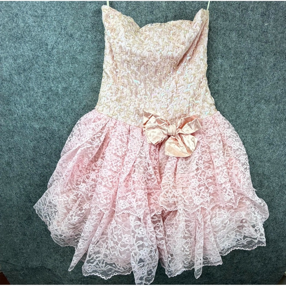 Vintage Loralie Dress Womens 12 Pink 80s Lace Sequin Bow Prom Formal Fairy Glam